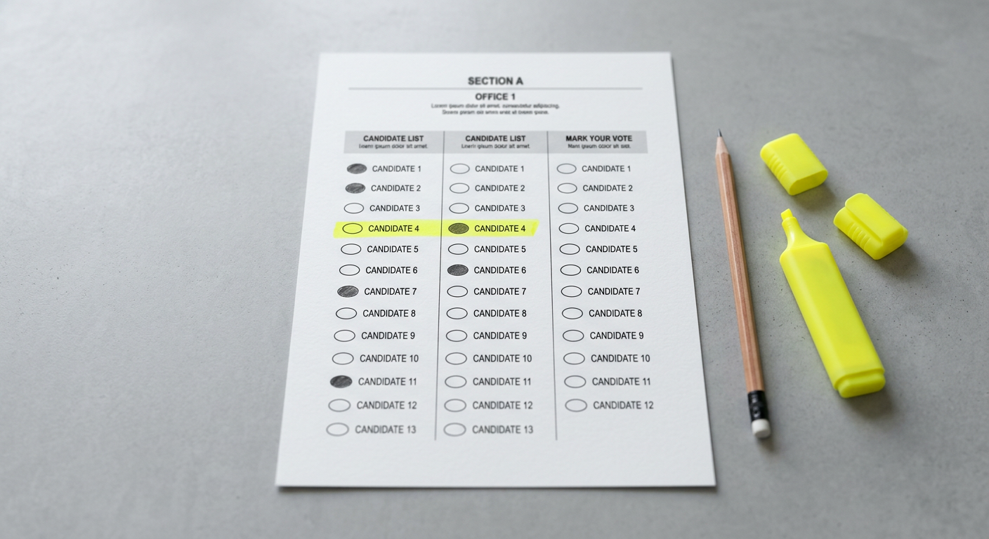 A paper ballot with filled-in bubbles and a yellow highlighter